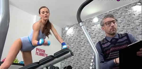  Gym babe riding nerd cock before tugging and bj